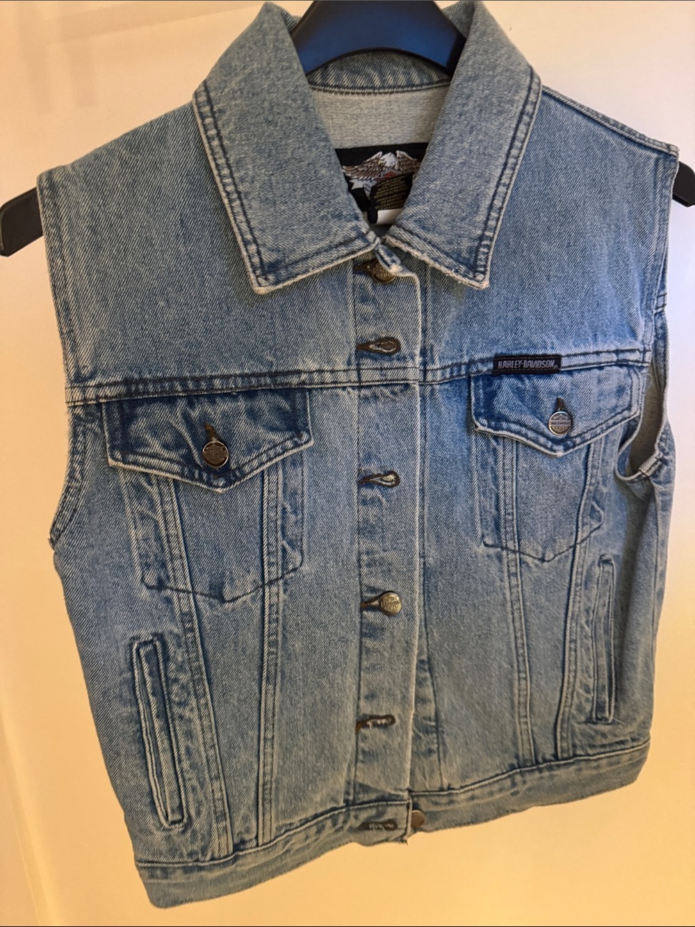 Harley-Davidson Blue Denim Vest with Black Patch and Orange Logo